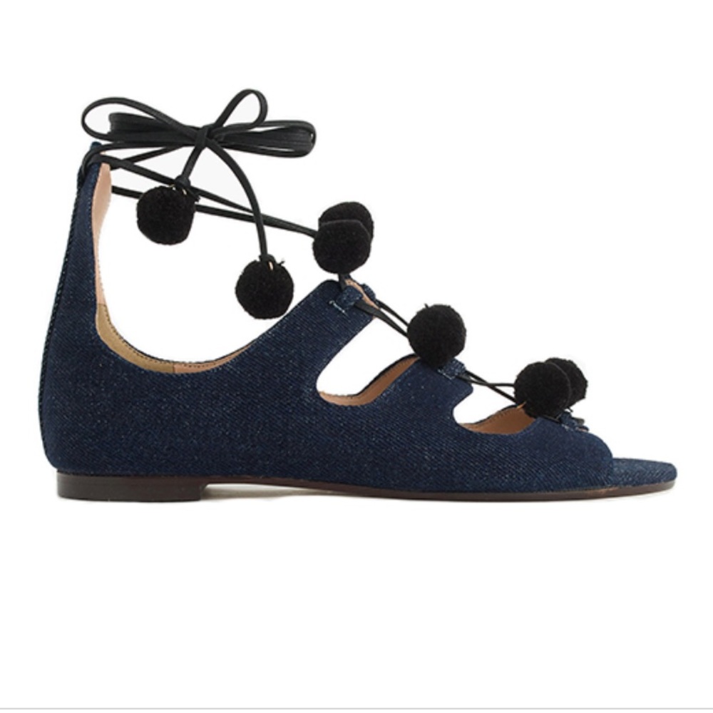 J. crew Pom Pom denim gladiator sandals